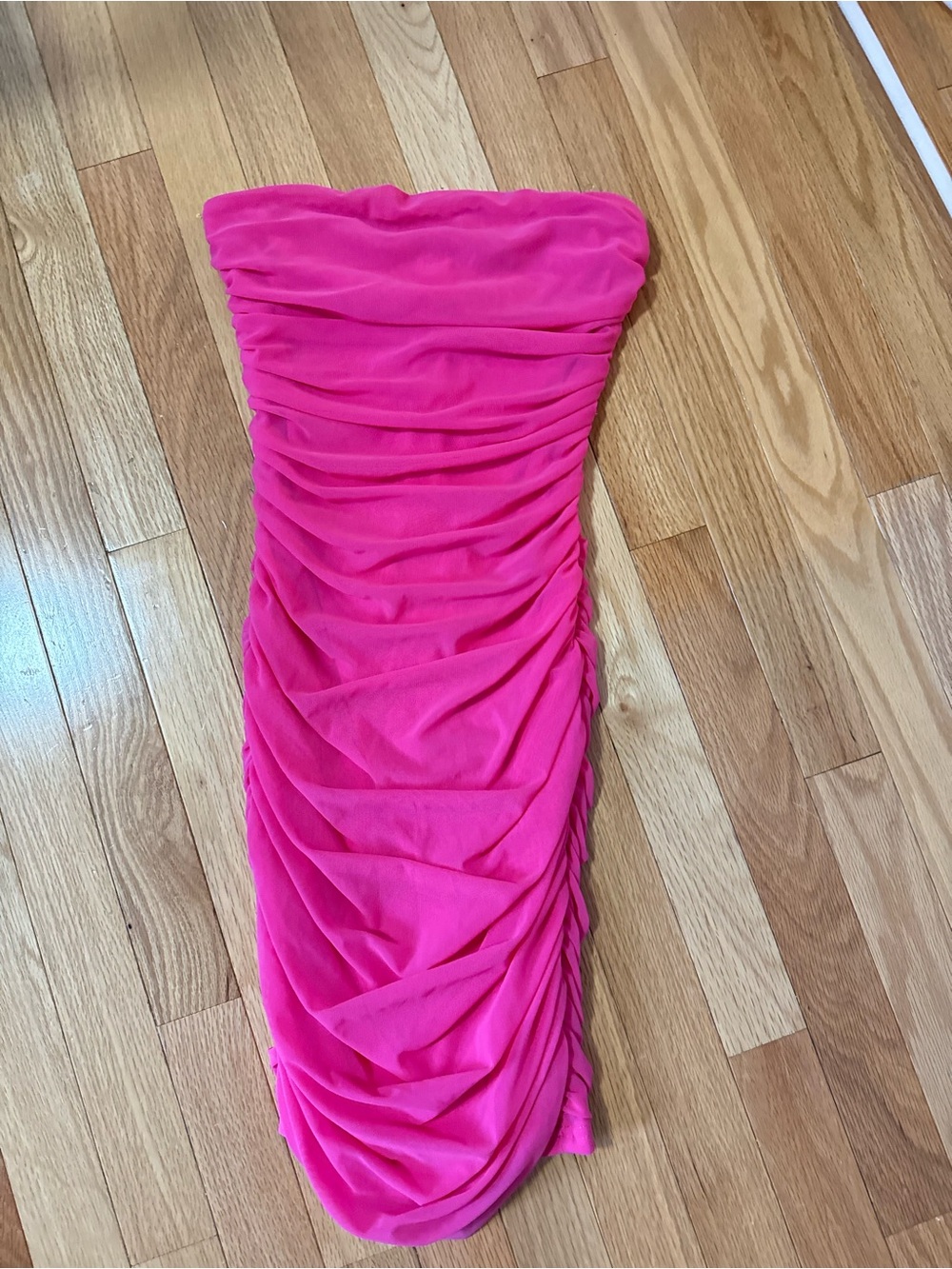 Fashion Nova Ruched Strapless Mini Dress in Hot Pink